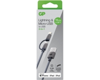 GP 0,15 m, Lightning/ Micro-USB auf USB-A Ladekabel, CB03, Apple MFI lizensiert