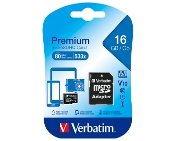 microSDHC Card 16GB, Premium, Class 10, U1, (R) 80MB/s, (W) 10MB/s, SD Adapter, Retail-Blister