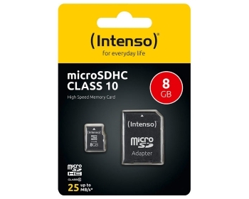 microSDHC Card 8GB, Class 10, (R) 25MB/s, (W) 10MB/s, SD-Adapter, Retail-Blister