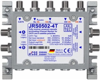 JRS0502-4T, Einkabelumsetzer für 1 Satelliten5 Stammleitungen (passiv), terminiert/abgeschlossen, 2x Ausgang jeweils 4x Receiver