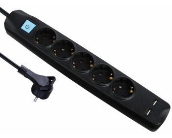 NV58-5L schwarz, 5,0m 5-fach Flach-Schutzkontakt-Steckdosen-Leiste mit 2 USB-Ladebuchsen