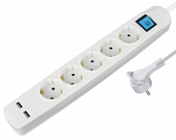 NV58-3WL weiß, 3,0m 5-fach Flach-Schutzkontakt-Steckdosen-Leiste mit 2 USB-Ladebuchsen