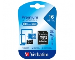 microSDHC Card 16GB, Premium, Class 10, U1, (R) 80MB/s, (W) 10MB/s, SD Adapter, Retail-Blister