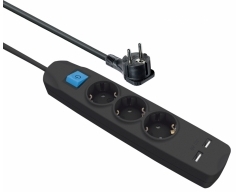 STL56-10 schwarz, 10m 3-fach Flach-Schutzkontakt-Steckdosen-Leiste mit 2 USB-Ladebuchsen