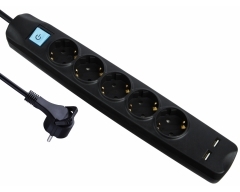NV58-3L schwarz, 3,0m 5-fach Flach-Schutzkontakt-Steckdosen-Leiste mit 2 USB-Ladebuchsen