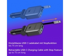 WI15L, 3-in-1 USB KFZ Ladegerät mit einziehbarem Ladekabel, Für 12-24 V Fahrzeuge, 72 W, mit 70cm aufrollbarem USB C Kabel, 180°